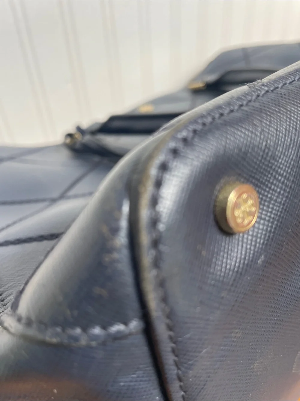 Tory Burch Quilted Navy Leather Top-Handle Satchel with Gold Hardware